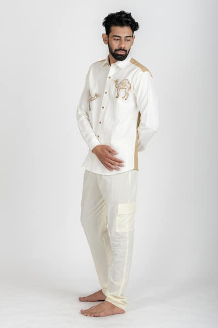 Buy_Runit Gupta_White Cotton Linen Thread Work Camel Embroidered Shirt_Online_at_Aza_Fashions