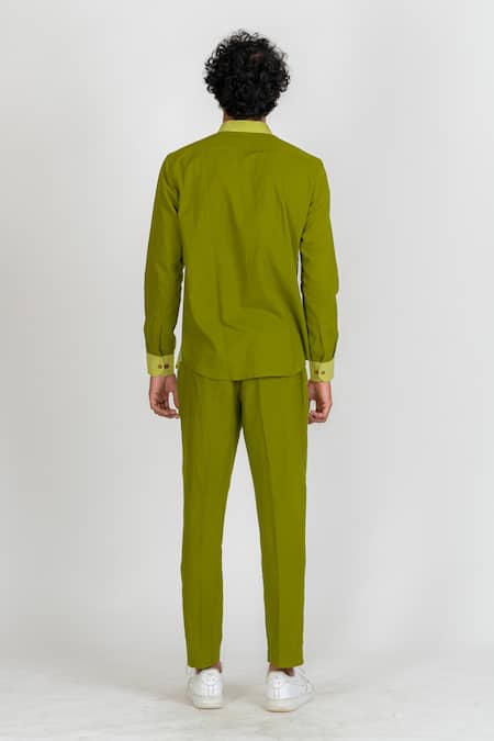 Shop_Runit Gupta_Green Enzyme Washed Cotton Thread Work Colourblock Shirt  _at_Aza_Fashions