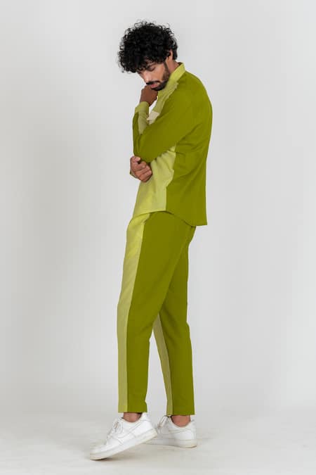 Runit Gupta_Green Enzyme Washed Cotton Thread Work Colourblock Shirt  _Online_at_Aza_Fashions