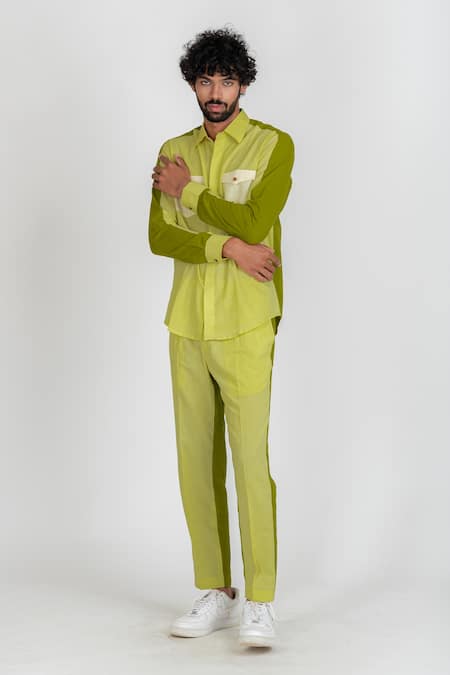 Buy_Runit Gupta_Green Enzyme Washed Cotton Thread Work Colourblock Shirt  _Online_at_Aza_Fashions