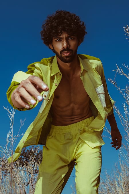 Shop_Runit Gupta_Green Enzyme Washed Cotton Thread Work Colourblock Shirt  _Online_at_Aza_Fashions