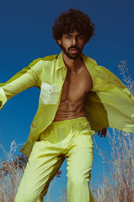 Runit Gupta_Green Enzyme Washed Cotton Thread Work Colourblock Shirt  _at_Aza_Fashions