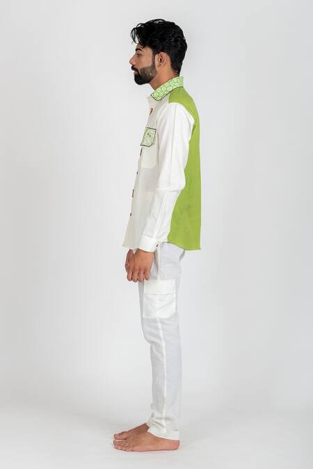 Runit Gupta_Green Cotton Linen Thread Work Colourblock Shirt  _Online_at_Aza_Fashions