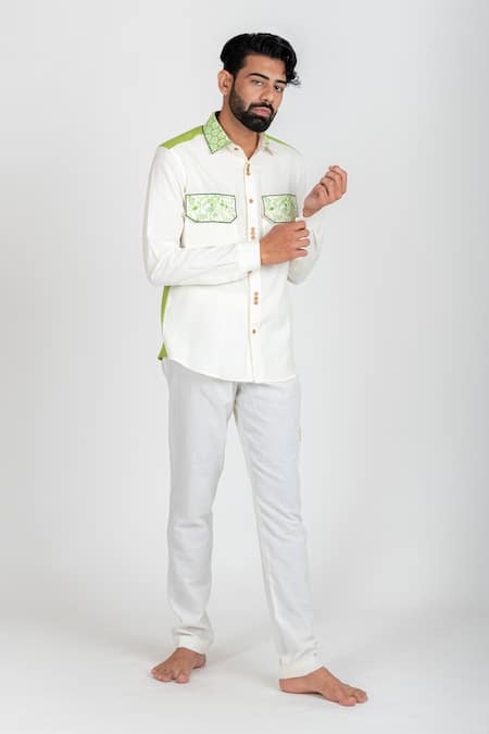 Buy_Runit Gupta_Green Cotton Linen Thread Work Colourblock Shirt  _Online_at_Aza_Fashions