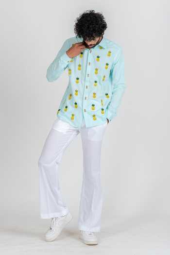 Runit Gupta_Blue Cotton Linen Thread Work Pineapple Embroidered Shirt_Online_at_Aza_Fashions