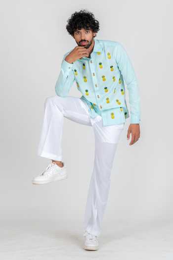 Buy_Runit Gupta_Blue Cotton Linen Thread Work Pineapple Embroidered Shirt_Online_at_Aza_Fashions
