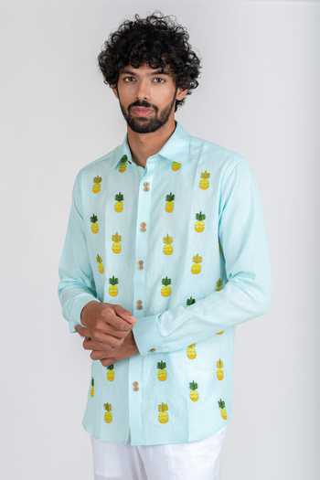 Runit Gupta_Blue Cotton Linen Thread Work Pineapple Embroidered Shirt_at_Aza_Fashions