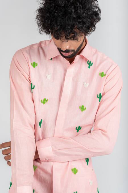 Shop_Runit Gupta_Pink Cotton Linen Thread Work Cacti Bead Embroidered Shirt _Online_at_Aza_Fashions