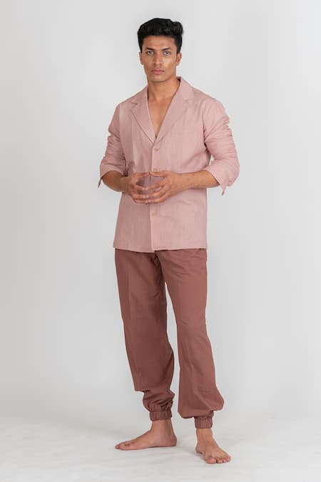 Shop_Runit Gupta_Pink Cotton Linen Hand Cut Solid Dyed Shirt_Online_at_Aza_Fashions