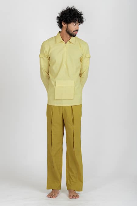 Runit Gupta Yellow Enzyme Washed Cotton Solid Box Pleat Pant Online at Aza Fashions Runit Gupta_Yellow Enzyme Washed Cotton Solid Box Pleat Pant_Online_at_Aza_Fashions