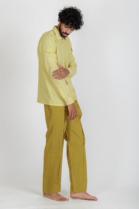 Buy Runit Gupta Yellow Enzyme Washed Cotton Solid Box Pleat Pant Online at Aza Fashions Buy_Runit Gupta_Yellow Enzyme Washed Cotton Solid Box Pleat Pant_Online_at_Aza_Fashions
