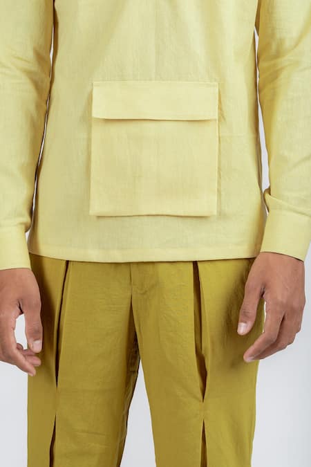 Shop Runit Gupta Yellow Enzyme Washed Cotton Solid Box Pleat Pant Online at Aza Fashions Shop_Runit Gupta_Yellow Enzyme Washed Cotton Solid Box Pleat Pant_Online_at_Aza_Fashions