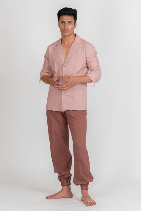 Shop_Runit Gupta_Pink Enzyme Washed Cotton Plain Solid Jogger Style Pant _Online_at_Aza_Fashions