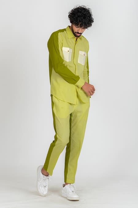 Runit Gupta_Green Enzyme Washed Cotton Plain Colourblock Pant _Online_at_Aza_Fashions