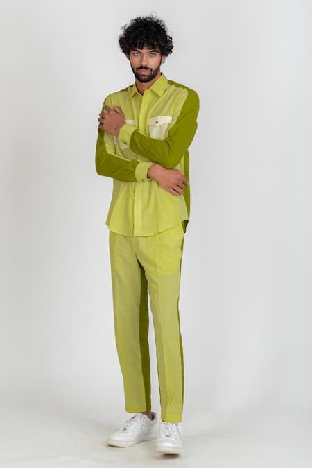 Buy_Runit Gupta_Green Enzyme Washed Cotton Plain Colourblock Pant _Online_at_Aza_Fashions