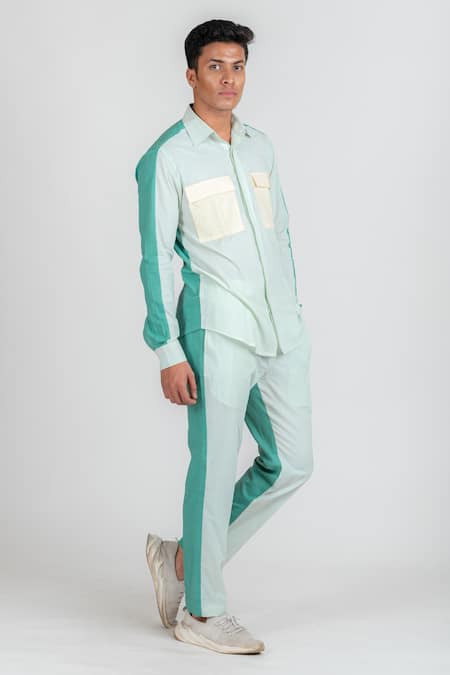 Runit Gupta_Blue Enzyme Washed Cotton Plain Colourblock Pant _Online_at_Aza_Fashions