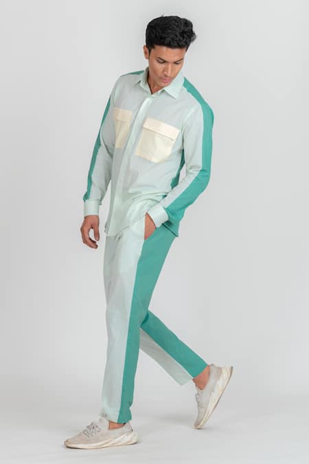 Buy_Runit Gupta_Blue Enzyme Washed Cotton Plain Colourblock Pant _Online_at_Aza_Fashions