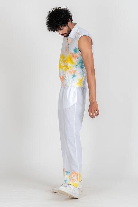 Runit Gupta_White Enzyme Washed Cotton Tie Dye Pant _Online_at_Aza_Fashions