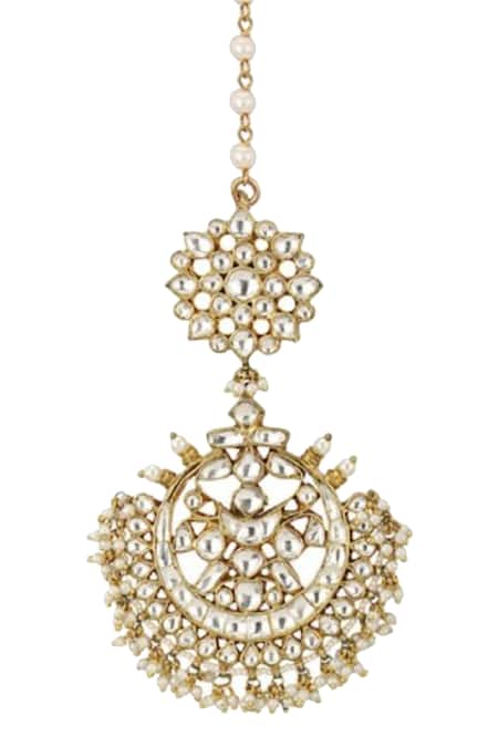 Shop_Riana Jewellery_Gold Plated Floral Stone Maangtikka _Online_at_Aza_Fashions
