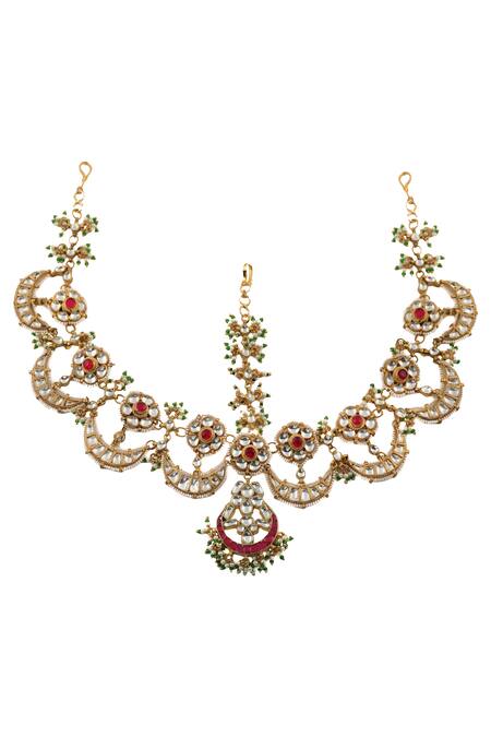 Riana Jewellery Gold Plated Crescent Moon Bead Drop Mathapatti Online at Aza Fashions Riana Jewellery_Gold Plated Crescent Moon Bead Drop Mathapatti _Online_at_Aza_Fashions