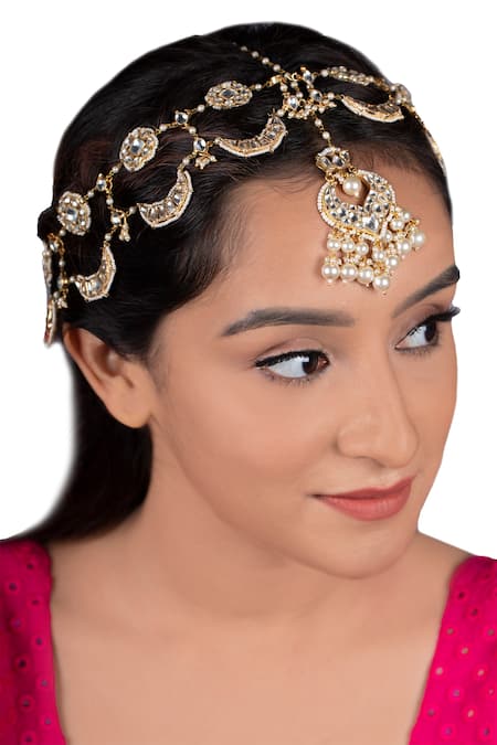 Riana Jewellery_Gold Plated Crescent Moon Layered Mathapatti _Online_at_Aza_Fashions