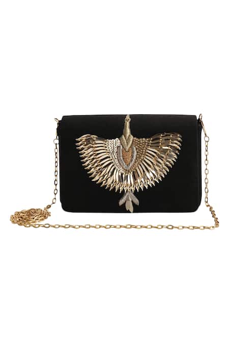 The Purple Sack_Black Embroidery Flap Clutch With Sling _Online_at_Aza_Fashions