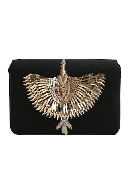 Buy_The Purple Sack_Black Embroidery Flap Clutch With Sling _Online_at_Aza_Fashions