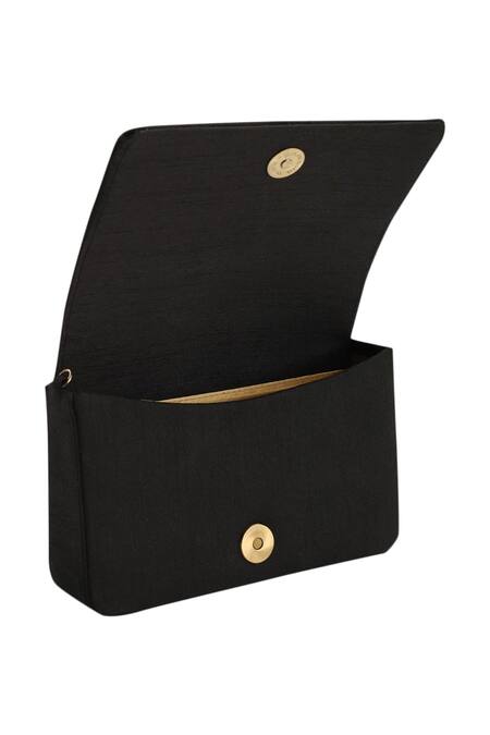 Shop_The Purple Sack_Black Embroidery Flap Clutch With Sling _Online_at_Aza_Fashions