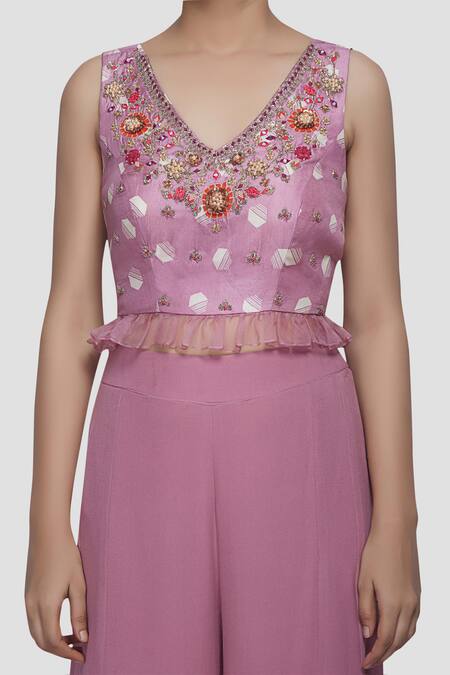 Riraan Couture_Pink Pure Silk V Neck Pant Set With Draped Dupatta_at_Aza_Fashions