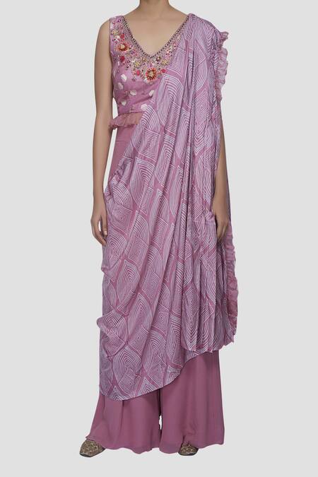 Riraan Couture_Pink Pure Silk V Neck Pant Set With Draped Dupatta_Online_at_Aza_Fashions