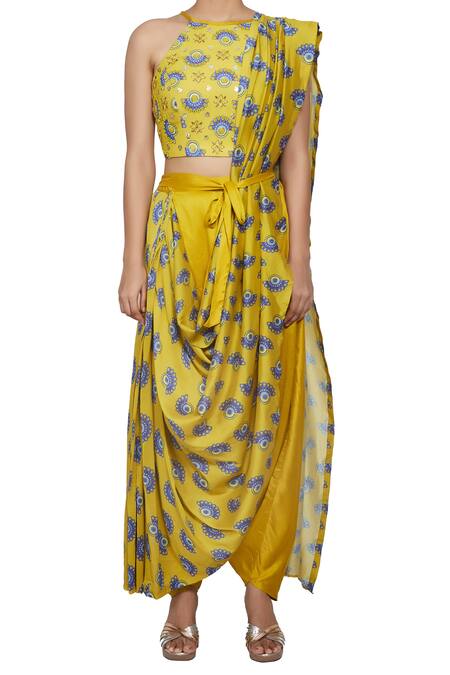 Buy_Riraan Couture_Yellow Monga Silk Halter Chanderi Pant Saree With Blouse_Online_at_Aza_Fashions