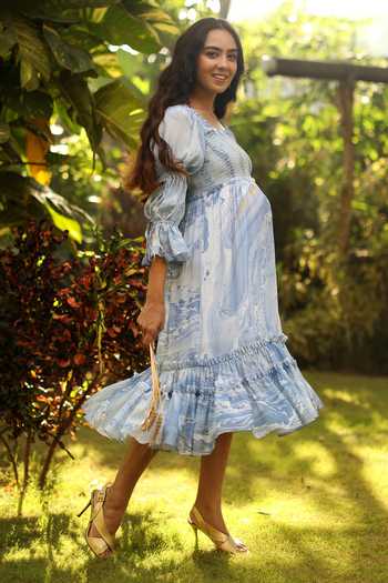 Bump Loving_Blue Viscose Crepe Marble Effect Dress_Online_at_Aza_Fashions