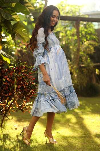 Buy_Bump Loving_Blue Viscose Crepe Marble Effect Dress_Online_at_Aza_Fashions