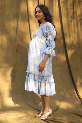Shop_Bump Loving_Blue Viscose Crepe Marble Effect Dress_Online_at_Aza_Fashions