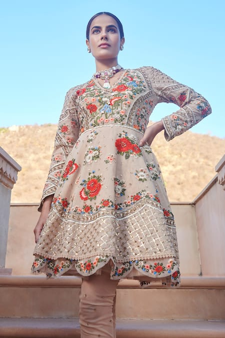 Shop Sahil Kochhar Beige Net V Neck Rimshaya Flared Tunic Set at Aza Fashions Shop_Sahil Kochhar_Beige Net V Neck Rimshaya Flared Tunic Set _at_Aza_Fashions