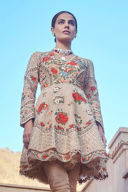 Sahil Kochhar Beige Net V Neck Rimshaya Flared Tunic Set Online at Aza Fashions Sahil Kochhar_Beige Net V Neck Rimshaya Flared Tunic Set _Online_at_Aza_Fashions