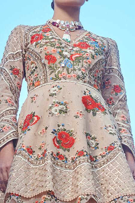 Buy Sahil Kochhar Beige Net V Neck Rimshaya Flared Tunic Set Online at Aza Fashions Buy_Sahil Kochhar_Beige Net V Neck Rimshaya Flared Tunic Set _Online_at_Aza_Fashions