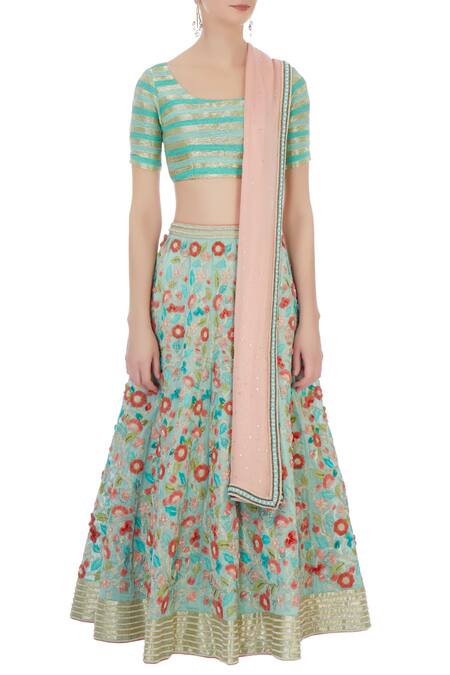 Shop Rimzim Dadu Mint Green And Peach Silk And Cotton Chanderi 3d Embroidered Lehenga Set Online at Aza Fashions Shop_Rimzim Dadu_Mint Green And Peach Silk And Cotton Chanderi 3d Embroidered Lehenga Set_Online_at_Aza_Fashions