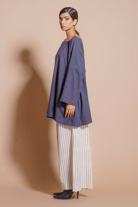 Stoique_Grey Cotton Matty Square Neck Oversize Top_Online_at_Aza_Fashions