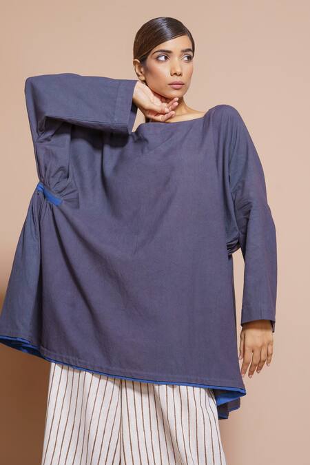 Shop_Stoique_Grey Cotton Matty Square Neck Oversize Top_Online_at_Aza_Fashions