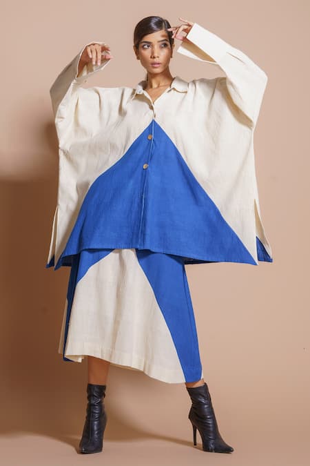 Stoique_Blue Handloom Cotton Colorblock A-line Skirt _Online_at_Aza_Fashions