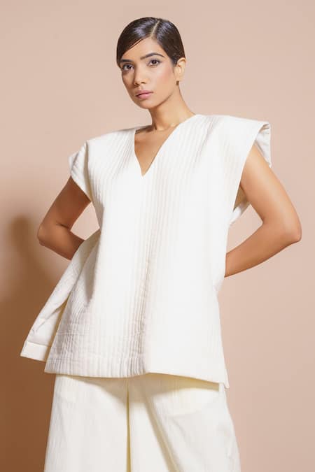 Stoique_Off White Cotton Matty V Neck Quilted Vest Top_Online_at_Aza_Fashions
