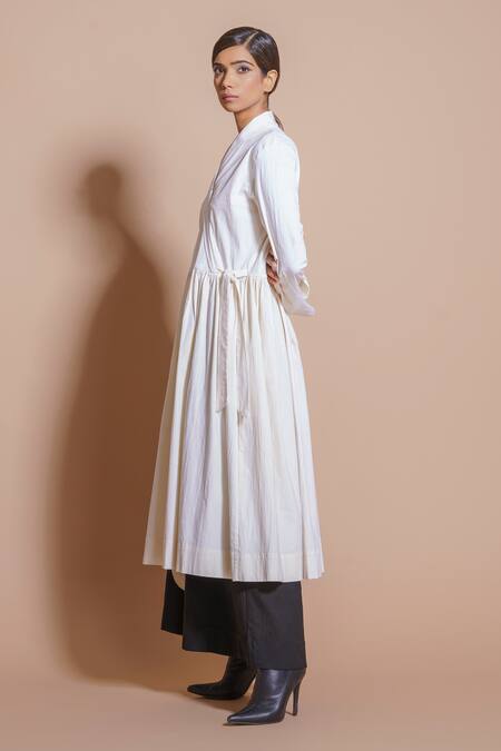 Shop_Stoique_Off White Viscose Lycra Abstract V Neck Overlap Applique Dress_Online_at_Aza_Fashions