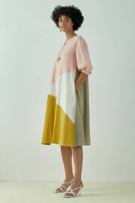 Madder Much_Multi Color Cotton Plain Round Risa Colorblock Dress _Online_at_Aza_Fashions