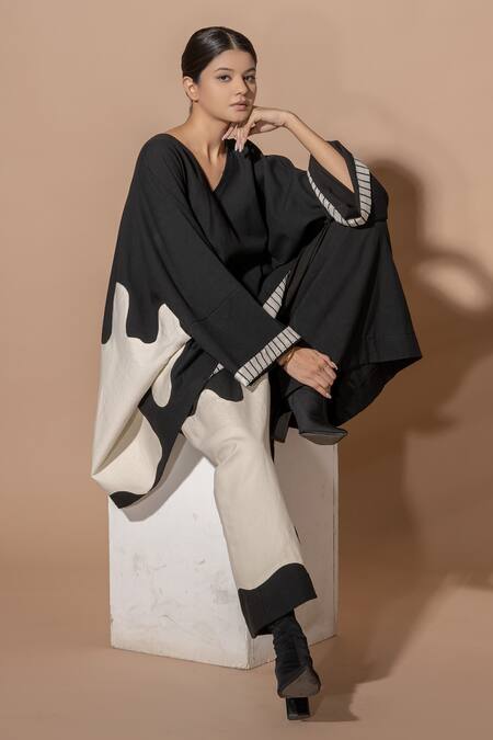 Shop_Stoique_Black Cotton Matty Abstract Applique Flared Pant_Online_at_Aza_Fashions