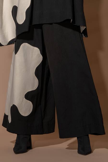 Stoique_Black Cotton Matty Abstract Applique Flared Pant_at_Aza_Fashions