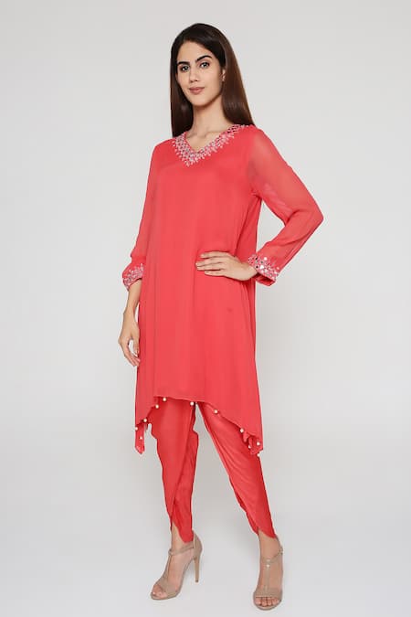 Buy Bha Sha Coral Georgette, Silk Pearls V-neck Rita Embroidered Tunic And Dhoti Pant Set Online at Aza Fashions Buy_Bha Sha_Coral Georgette, Silk Pearls V-neck Rita Embroidered Tunic And Dhoti Pant Set _Online_at_Aza_Fashions