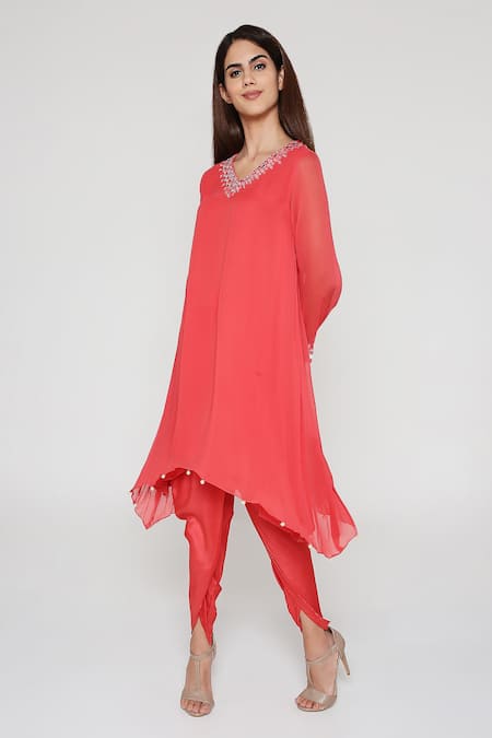 Bha Sha Coral Georgette, Silk Pearls V-neck Rita Embroidered Tunic And Dhoti Pant Set Online at Aza Fashions Bha Sha_Coral Georgette, Silk Pearls V-neck Rita Embroidered Tunic And Dhoti Pant Set _Online_at_Aza_Fashions