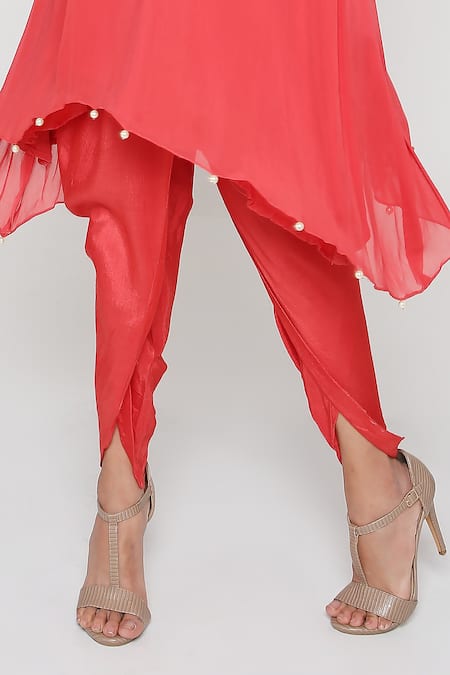 Bha Sha Coral Georgette, Silk Pearls V-neck Rita Embroidered Tunic And Dhoti Pant Set at Aza Fashions Bha Sha_Coral Georgette, Silk Pearls V-neck Rita Embroidered Tunic And Dhoti Pant Set _at_Aza_Fashions