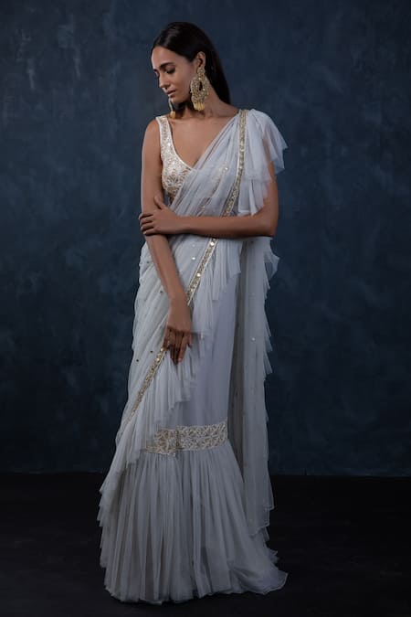 Ritika Mirchandani Grey Ruffle Embroidered Saree With Blouse